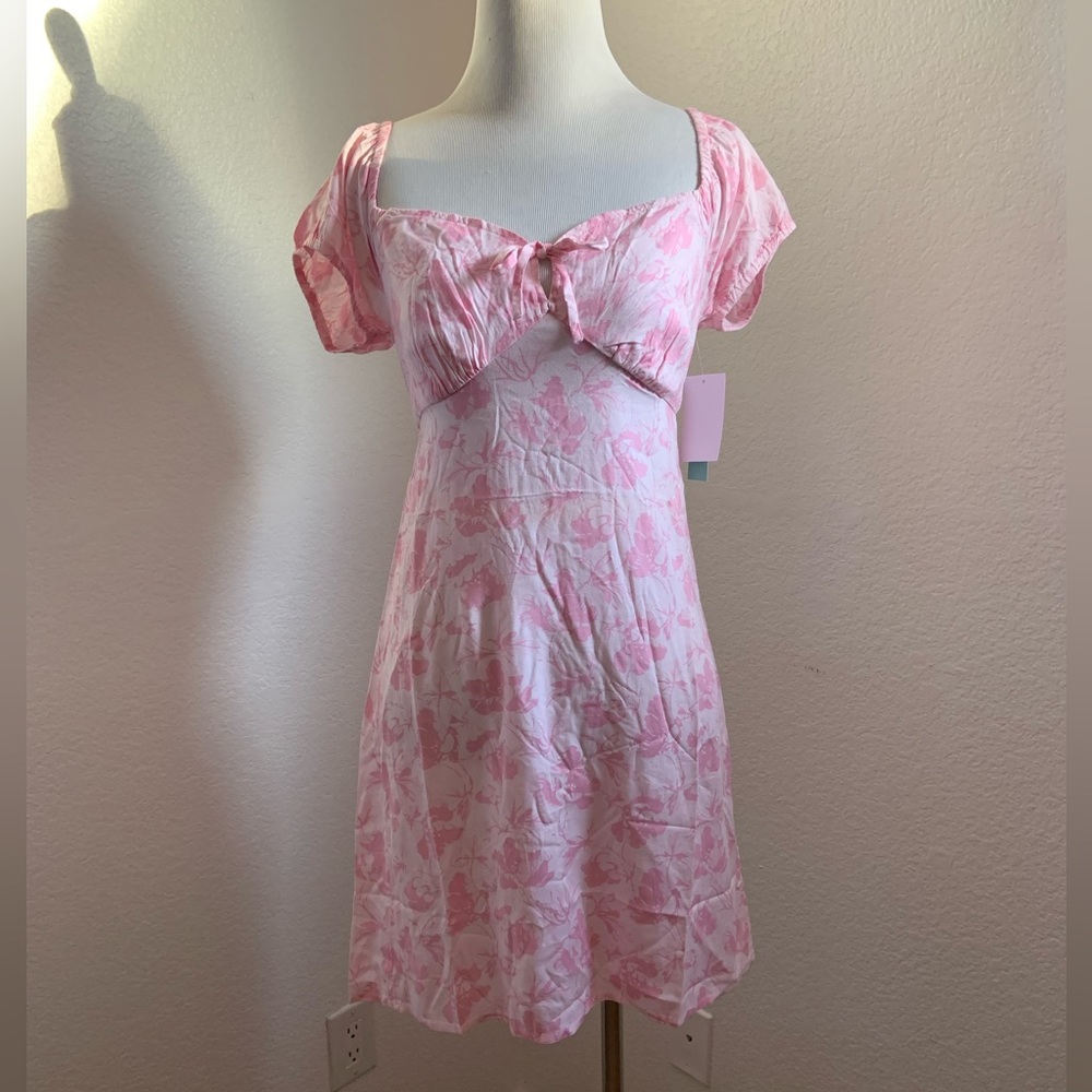 NWT Abound Floral Sweetheart Tie Neck Dress In Pink Soda Djuna - Size X-Small